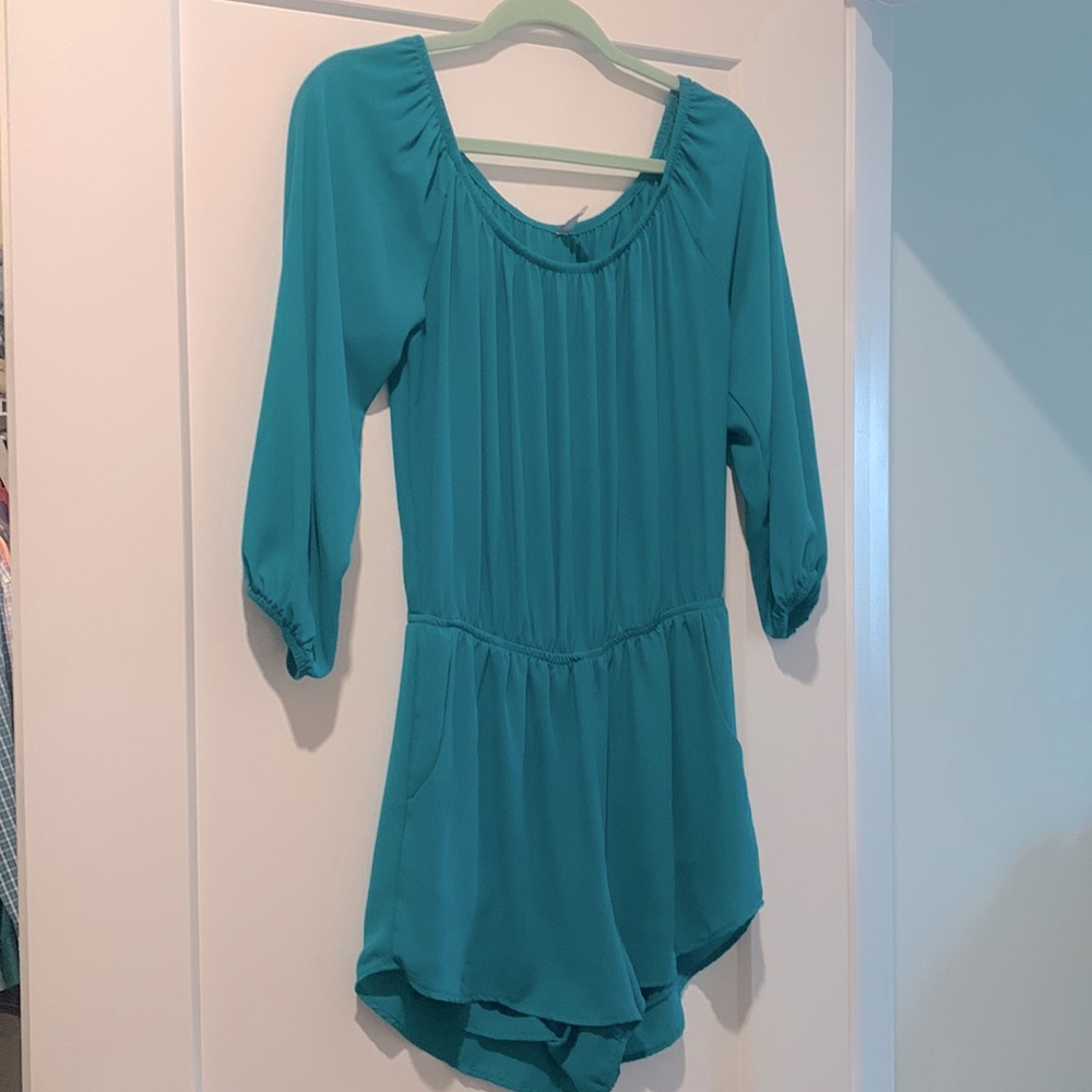 Teal Romper - shorts with sleeves off of the shoulder